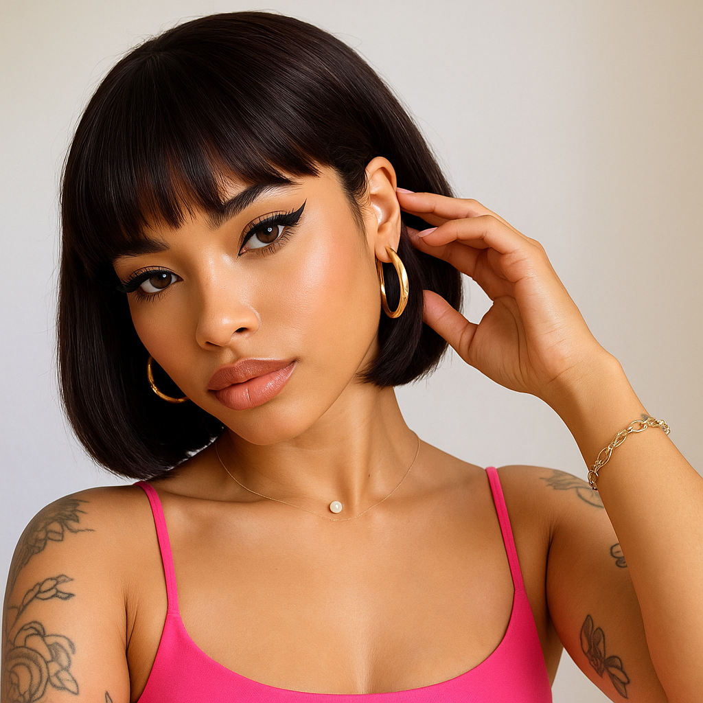 Natural Black Sleek Blunt Cut Bob Wig with Bangs – 180% Density, Straight & Silky, Ready-to-Wear, Human Hair | 10-14”
