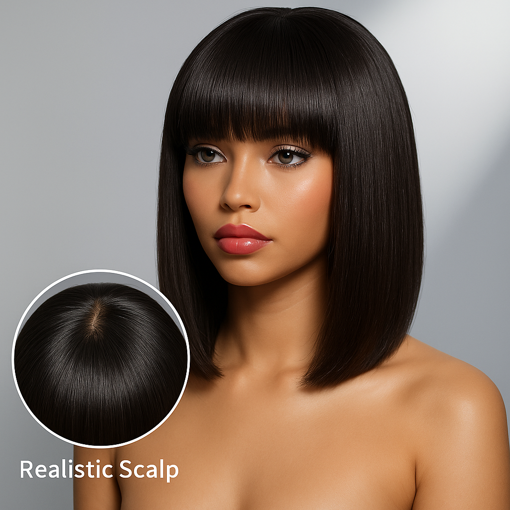 Natural Black Sleek Blunt Cut Bob Wig with Bangs – 180% Density, Straight & Silky, Ready-to-Wear, Human Hair | 10-14”
