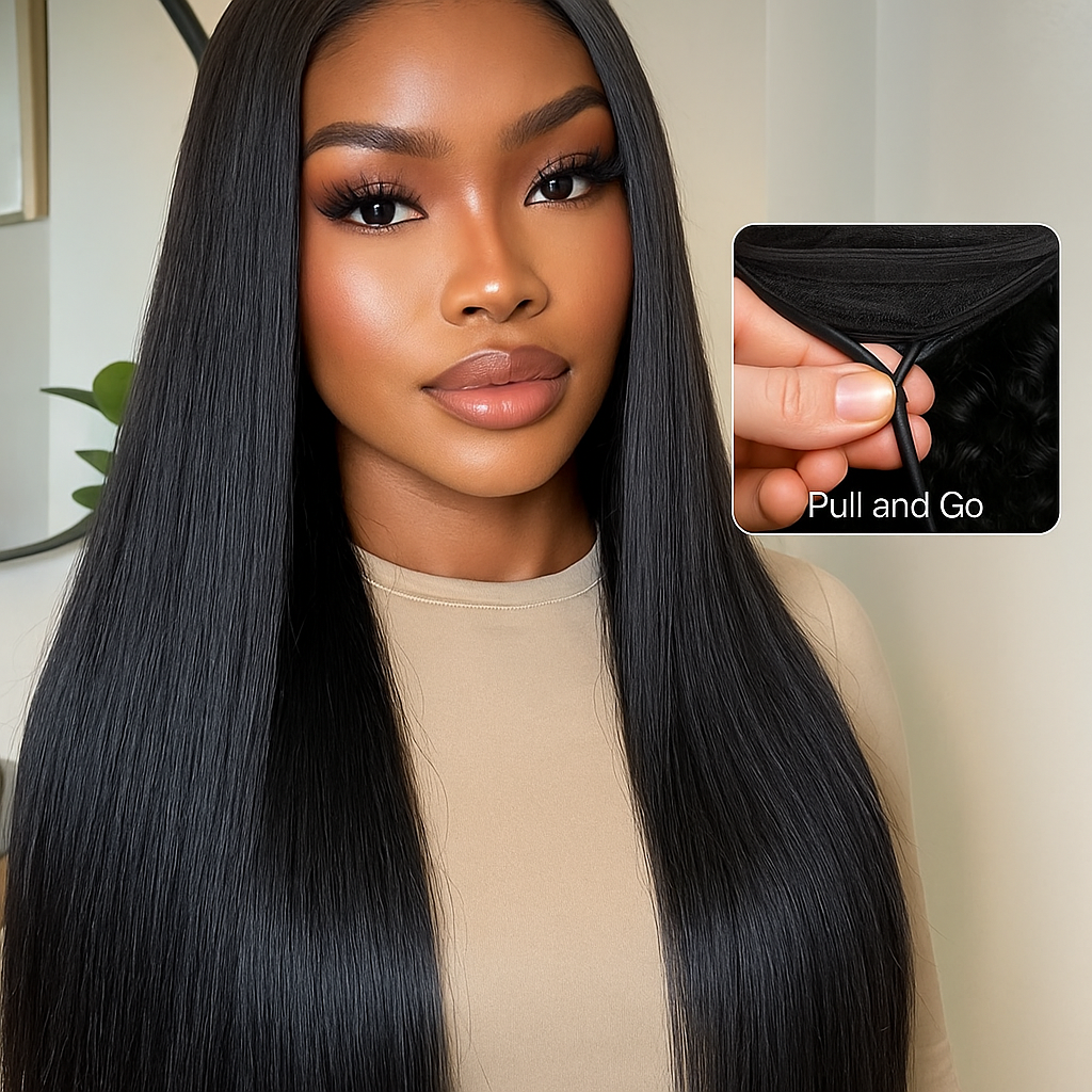 Pull & Go Yaki Straight Wig – 7x5 Lace, Glueless, Pre-Cut, Natural Look