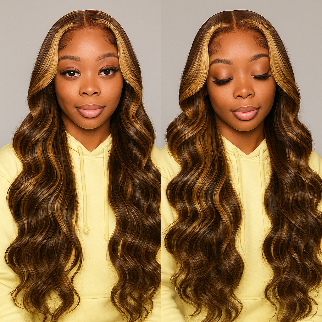 Luxe Highlighted Body Wave HD Lace Front Wig – Glueless, Pre-Plucked, 180% Density